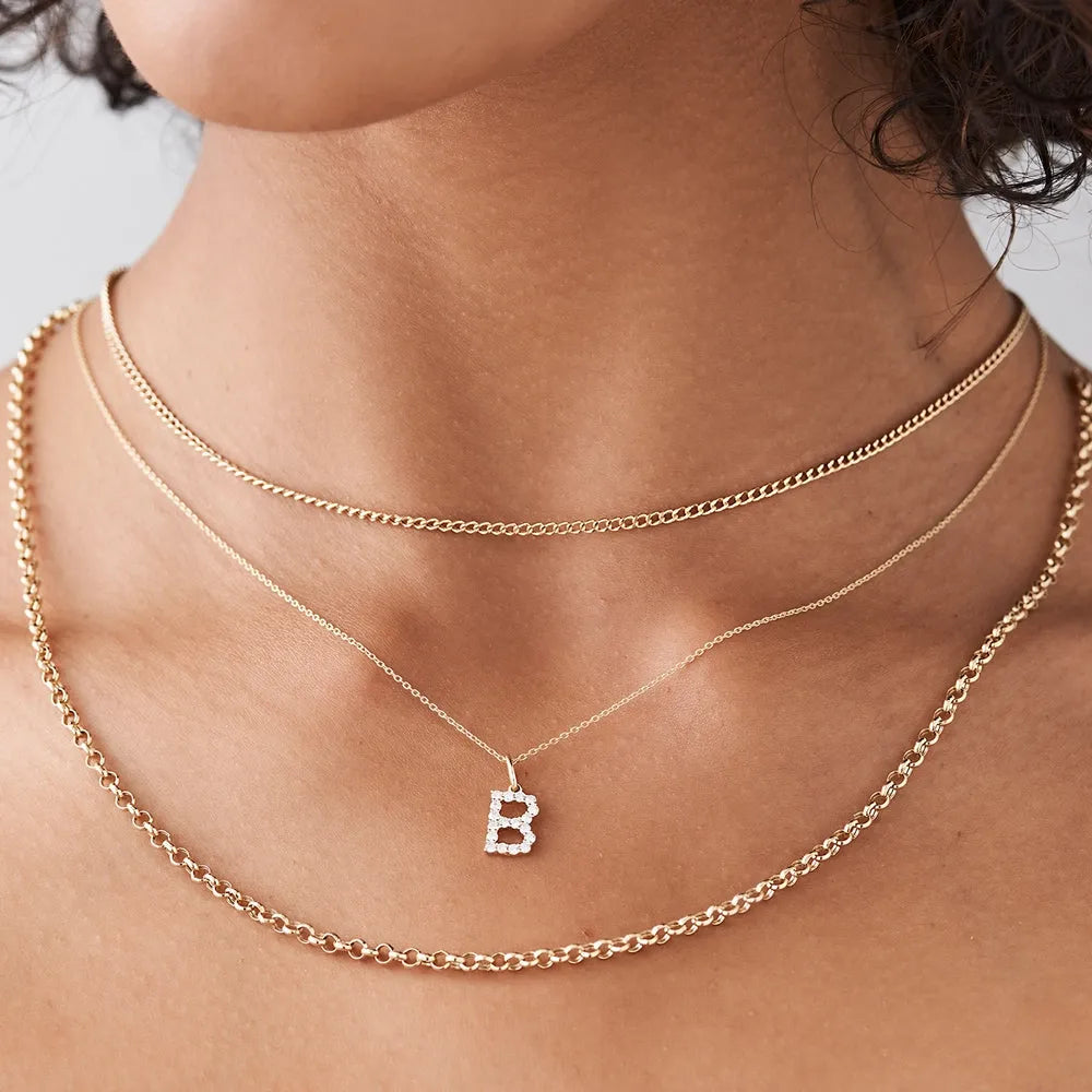 14K Solid Gold Round Diamond Medium Initial Letter Pendant Necklace 0.30ctw