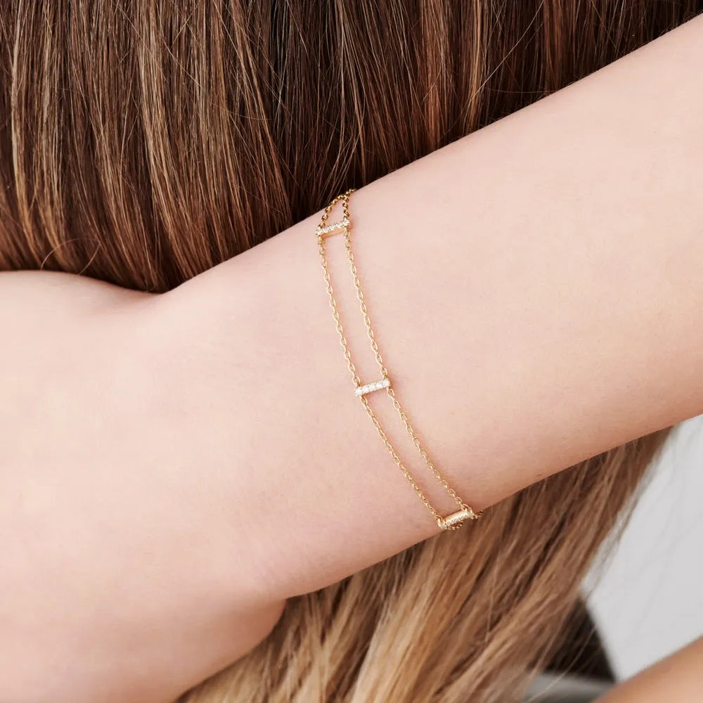 14K Solid Gold 0.15 CTW Round Diamond Five Station Bar Bracelet