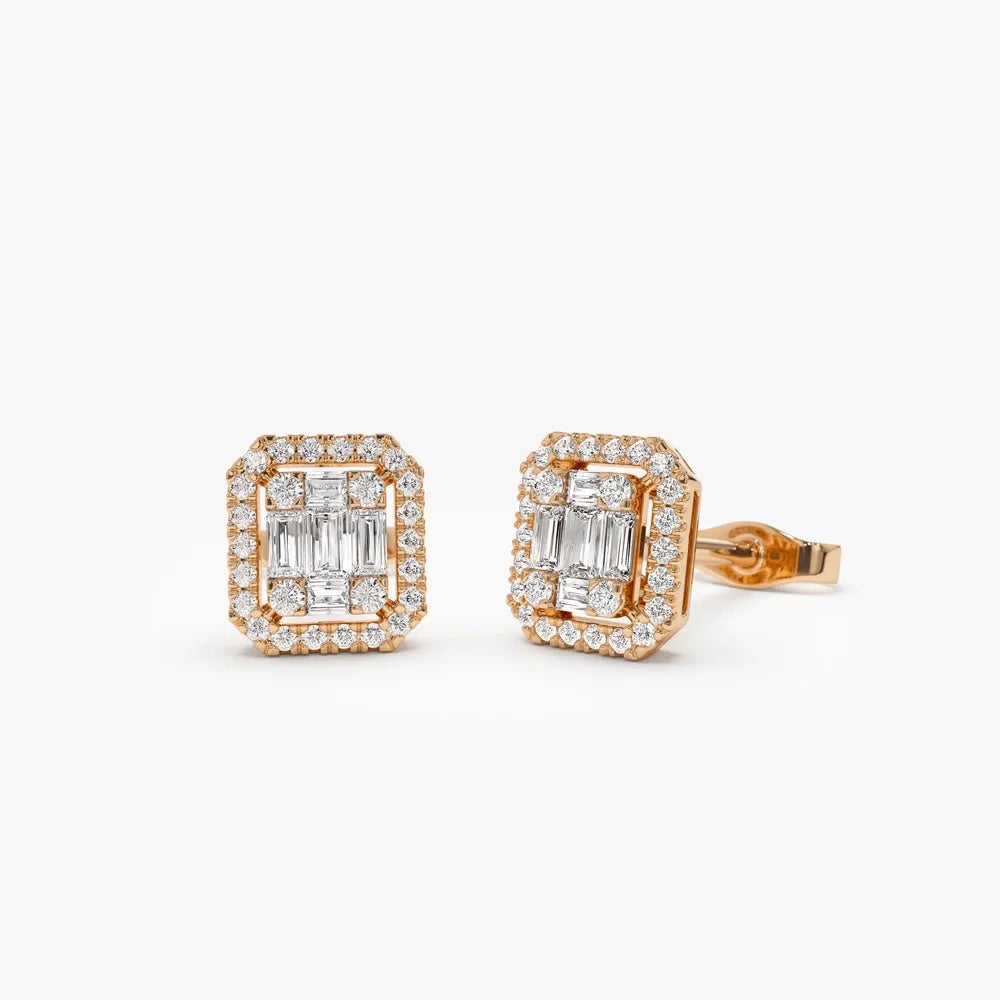 14k Gold Diamond Baguette and Round Cut Halo Setting Stud Earrings 0.38 ctw