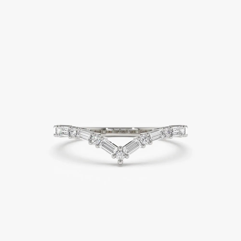 14k Gold Baguette and Round Diamond 0.36 ctw Chevron Ring