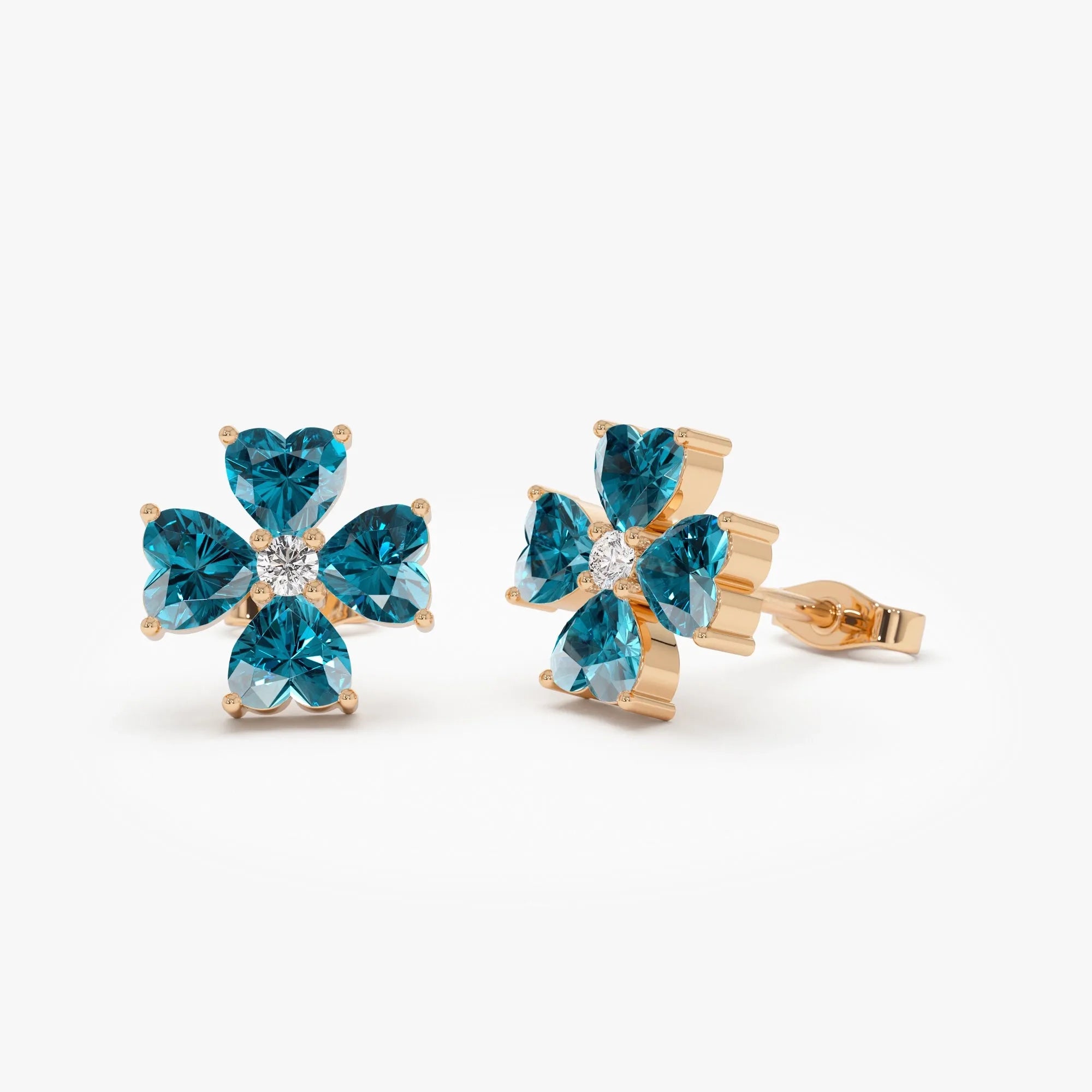 14K Gold Heart Shaped London Blue Topaz and Diamond Four Leaf Clover Stud Earrings