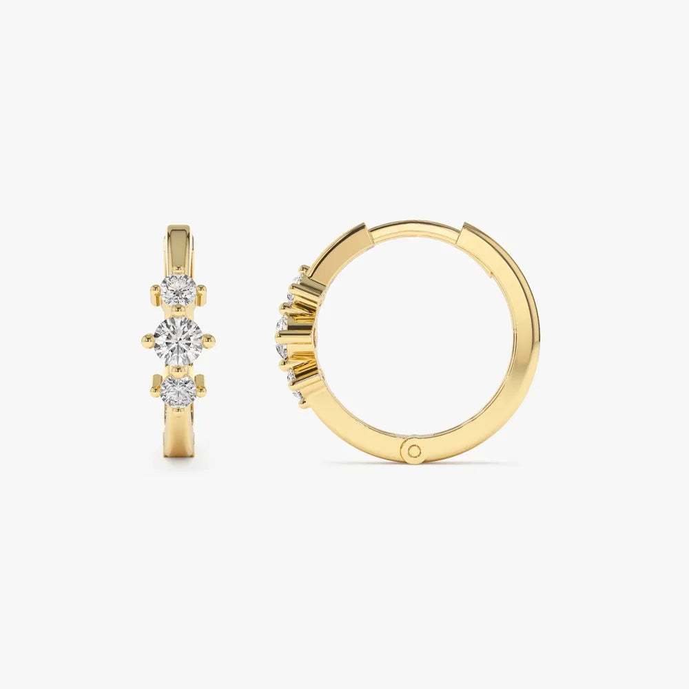 14k Gold Diamond Round Cut Three Stone Mini Huggie Earrings 0.23 ctw