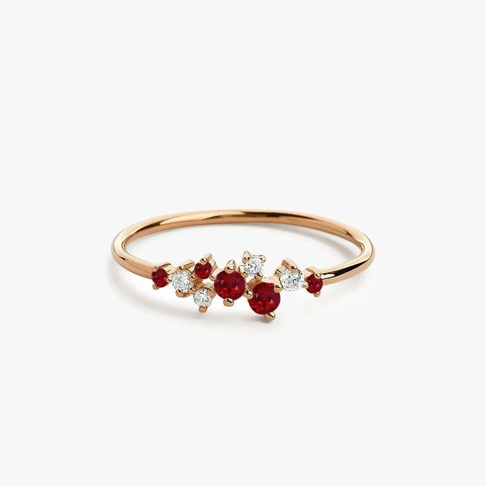 14k Gold Ruby and Diamond Round Cut Cluster Ring Prong Setting 0.35 ctw