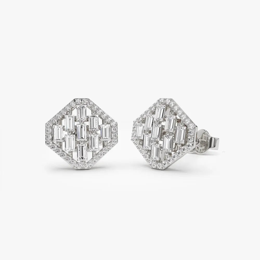 14k Gold Diamond Baguette and Round Cut Halo Stud Earrings Prong Setting 0.63 ctw