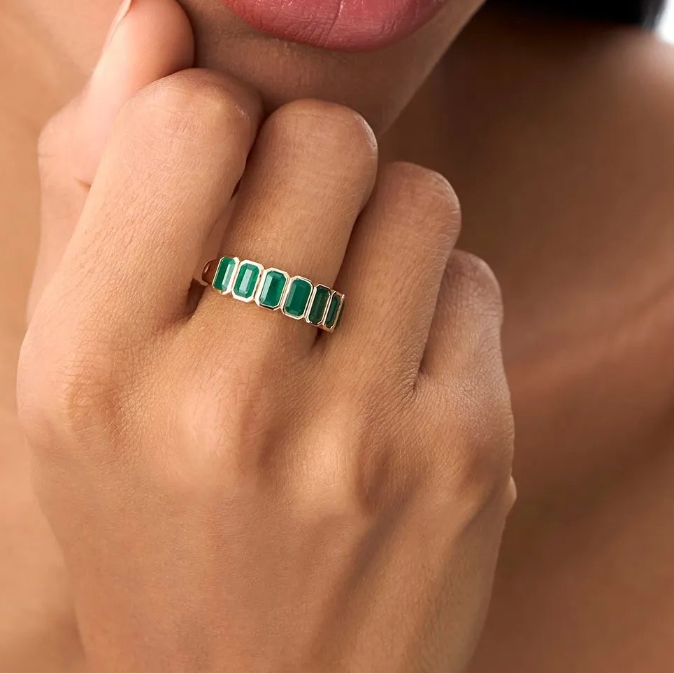 14K Solid Gold Octagon Emerald Seven Stone Bezel Set Ring 2.05 CTW