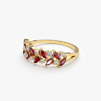 14k Gold Natural Ruby and Diamond Marquise and Round Cut Two Row Ring 0.65 ctw