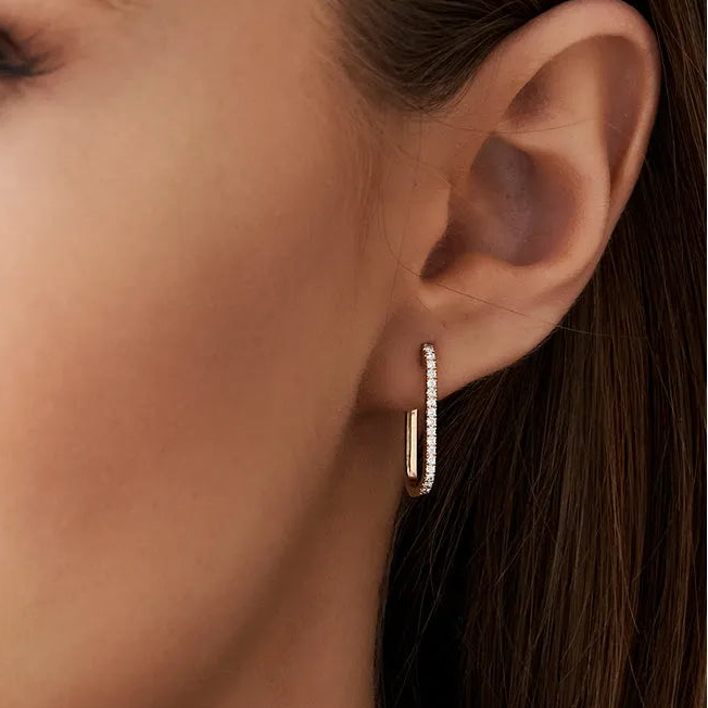 14k Gold Diamond Round Cut Paperclip Hoop Earrings Micro-Pave 0.30 ctw
