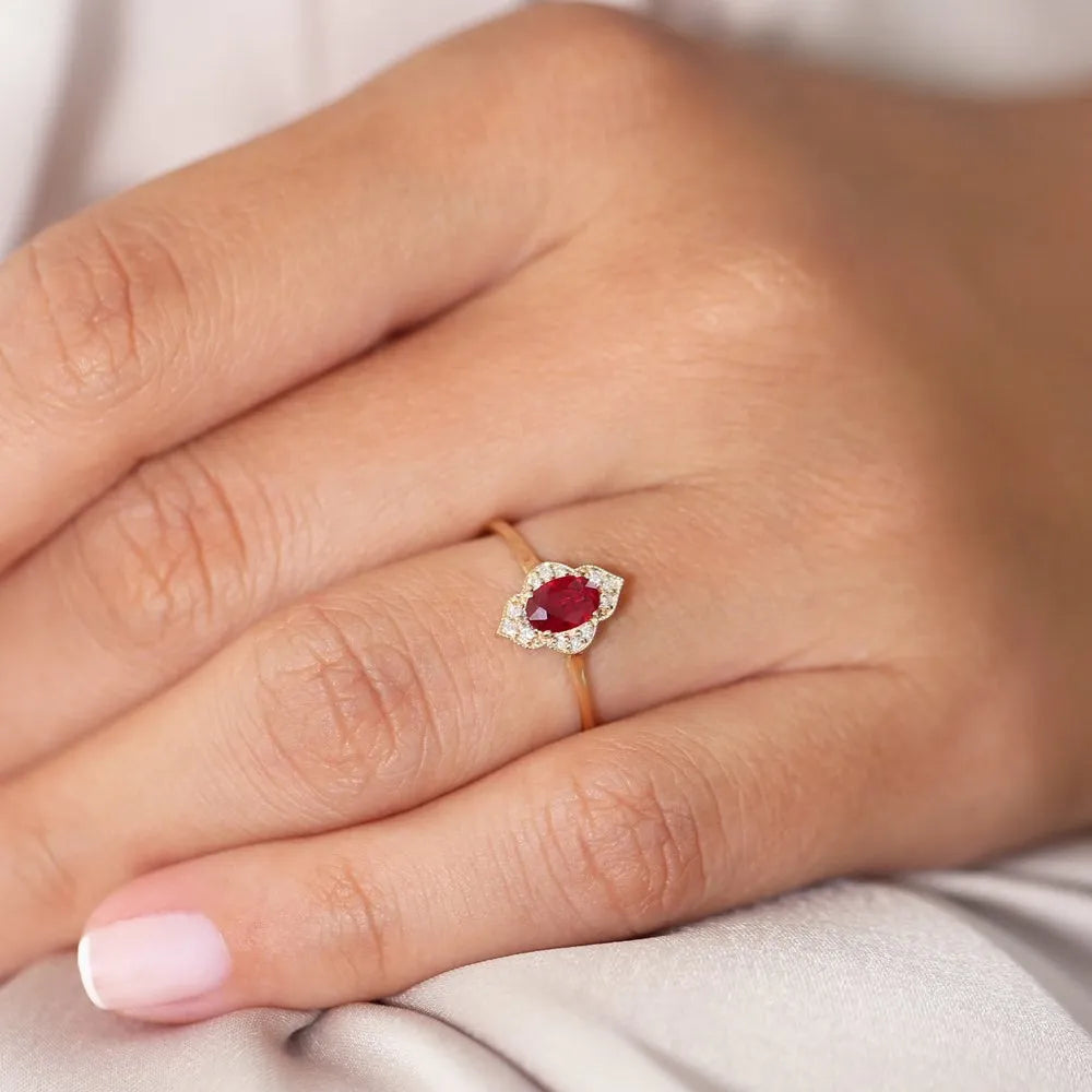 14k Gold Ruby and Diamond Oval Round Cut Victorian Ring Prong Micro Pave 0.58 ctw