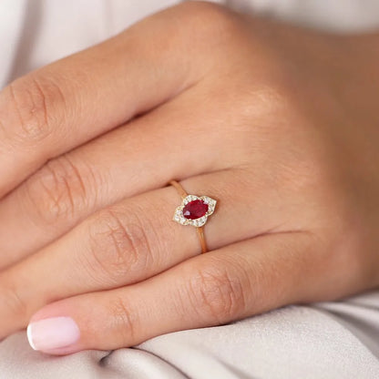 14k Gold Ruby and Diamond Oval Round Cut Victorian Ring Prong Micro Pave 0.58 ctw