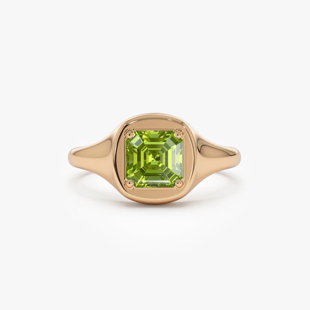 14K Solid Gold Asscher Cut Peridot 1.20 Carat Signet Ring