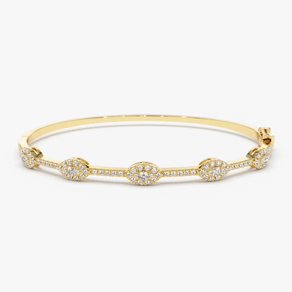 14K Solid Gold 0.99 CTW Round Diamond Marquise Shape Bangle