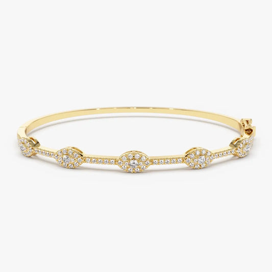 14K Solid Gold 0.99 CTW Round Diamond Marquise Shape Bangle