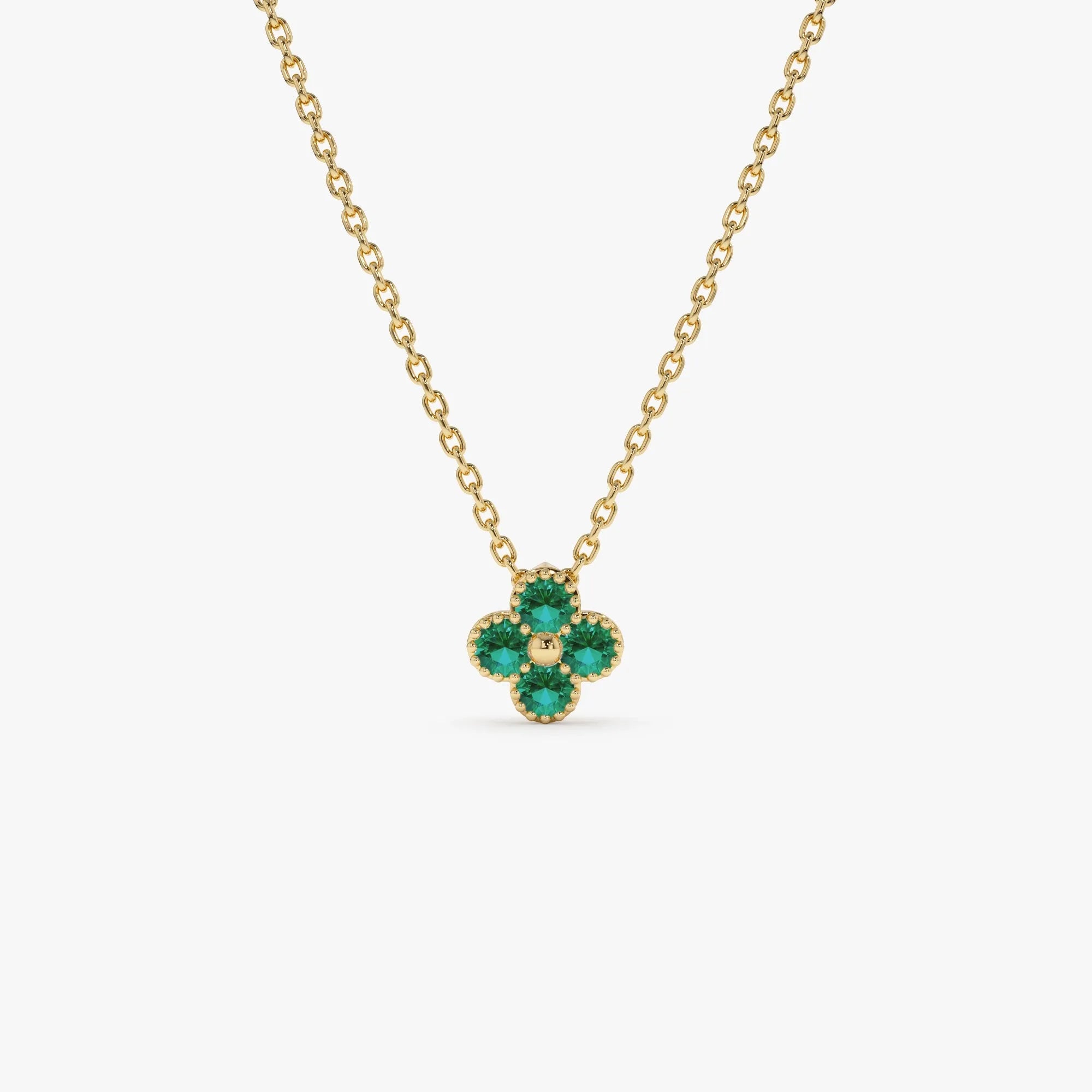 14k Solid Gold Round Emerald 0.15 CTW Clover Beaded Necklace Prong Setting