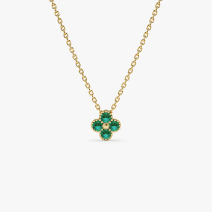 14k Solid Gold Round Emerald 0.15 CTW Clover Beaded Necklace Prong Setting