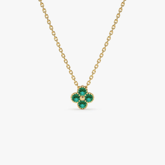 14k Solid Gold Round Emerald 0.15 CTW Clover Beaded Necklace Prong Setting