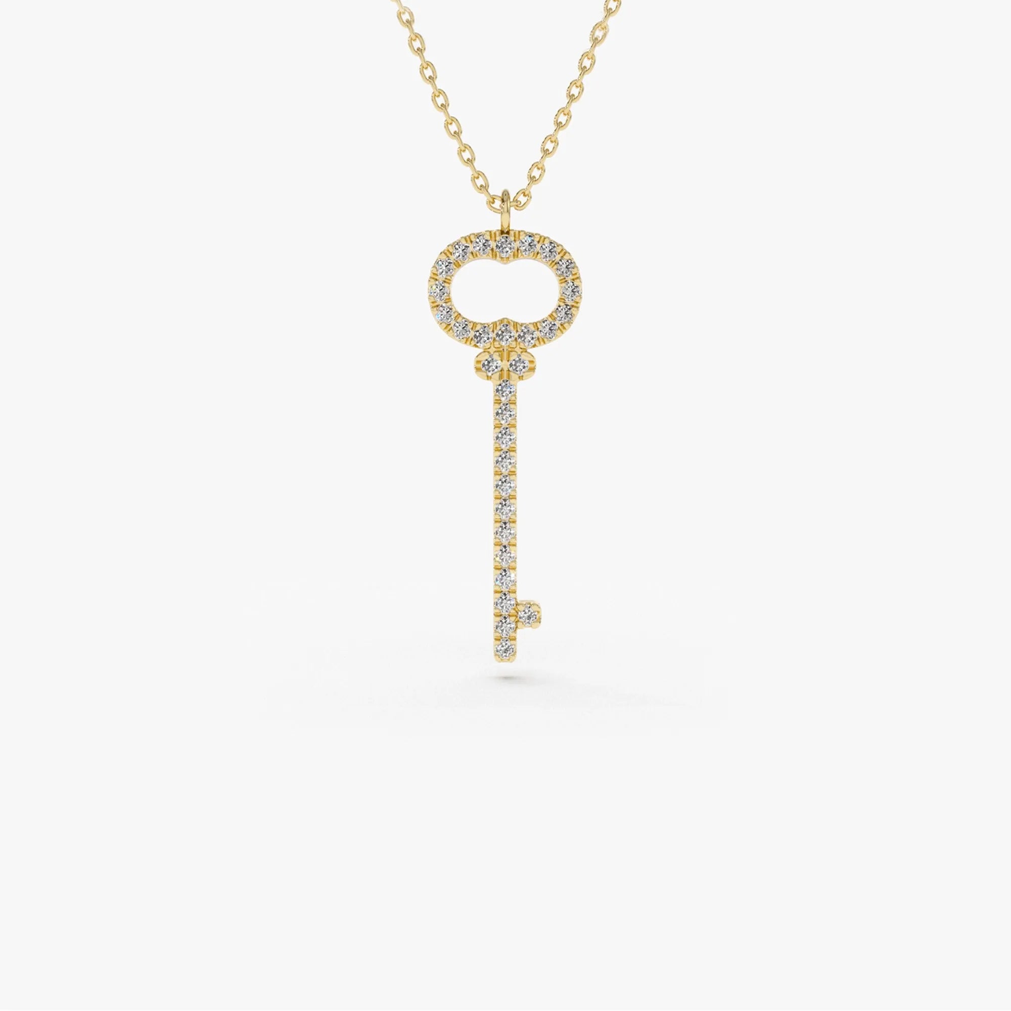 14K Solid Gold Round Diamond Micro Pave Key Charm Pendant Necklace 0.20ctw