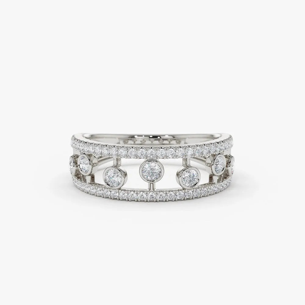 14k Gold Round Diamond 0.48ctw Double Row Pave Floating Bezel Set Ring