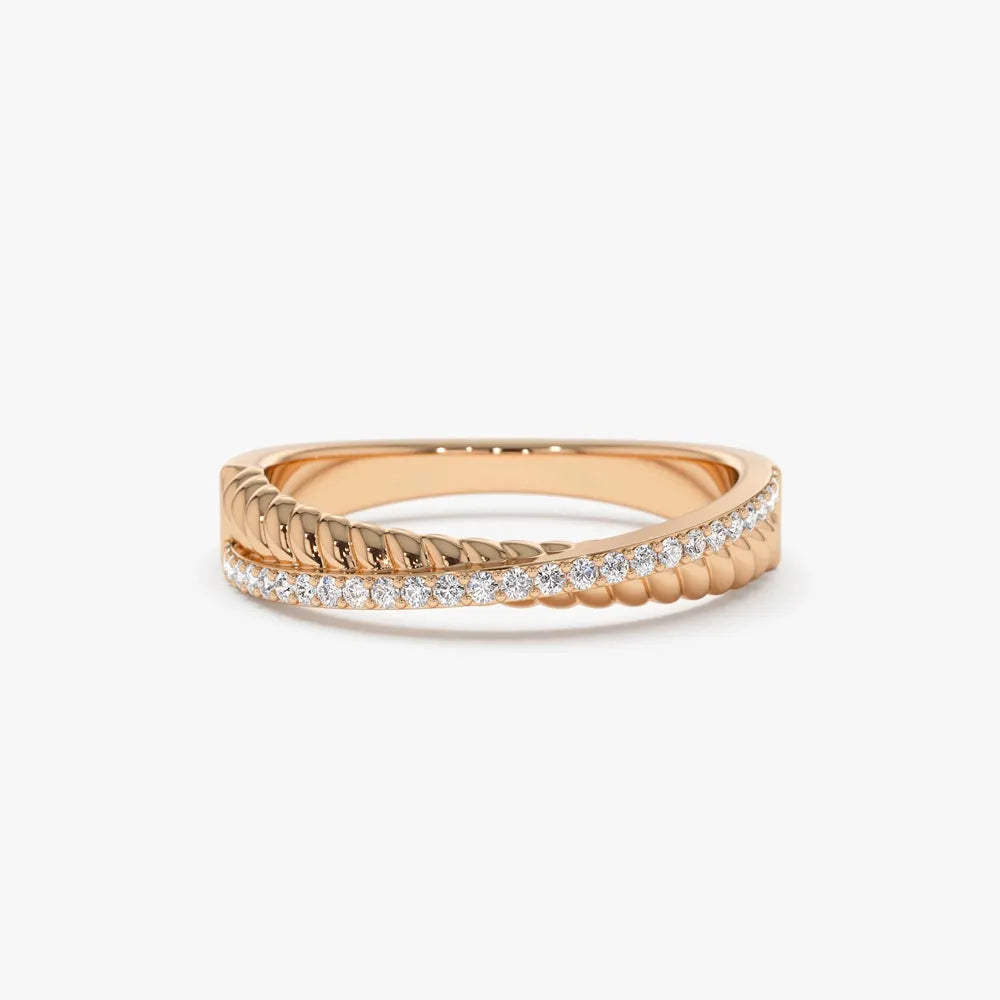 14k Gold 0.20 Carat Round Diamond Micro Pave Twisted Rope Criss Cross Ring