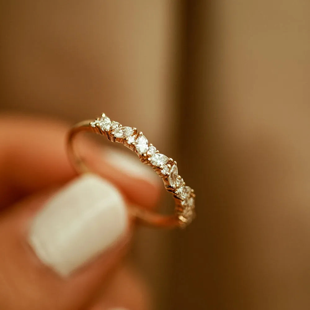 14k Solid Gold Marquise and Round Diamond Slanted Prong Set Ring 0.35 Carat