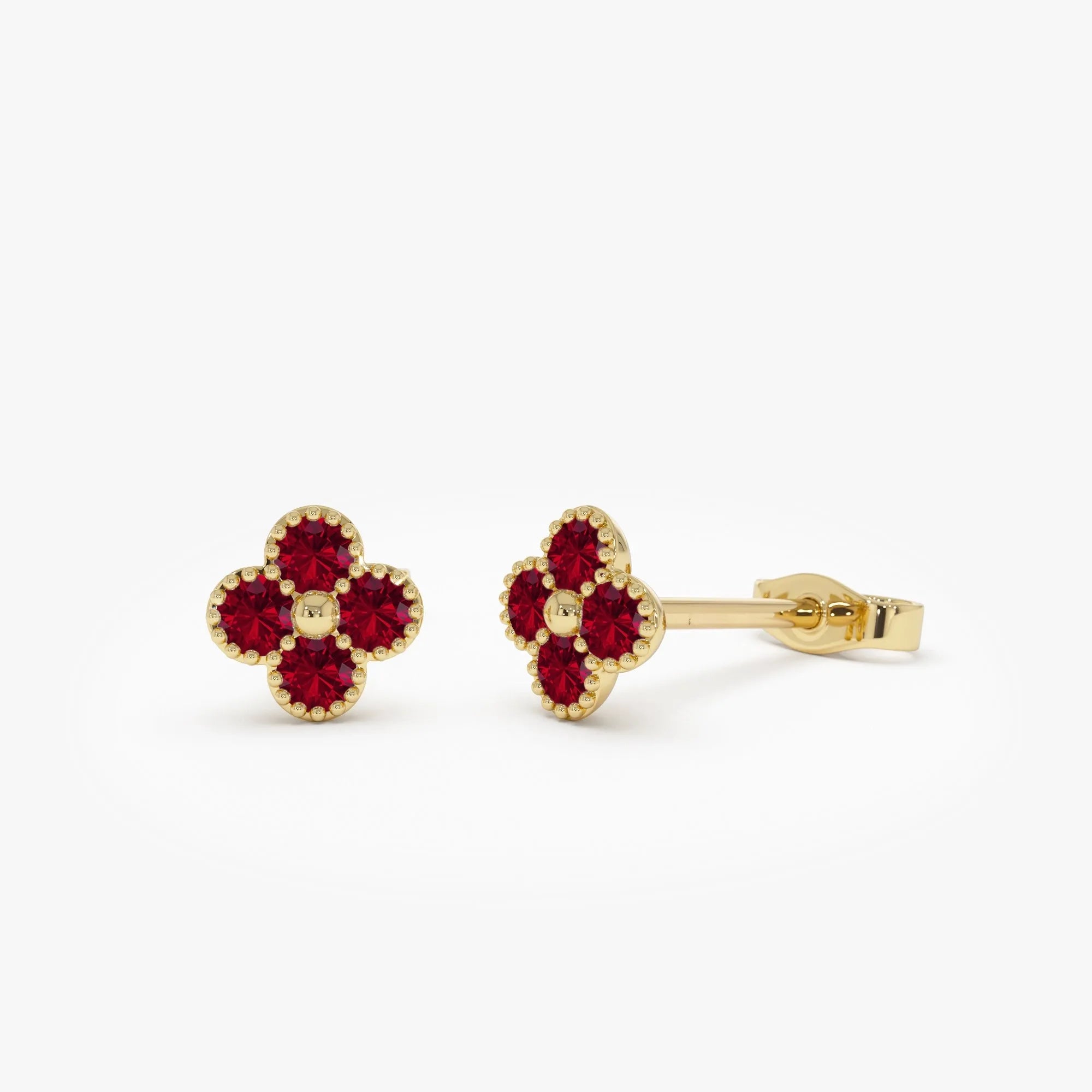 14k Gold Ruby Round Cut Clover Beaded Stud Earrings 0.35 ctw