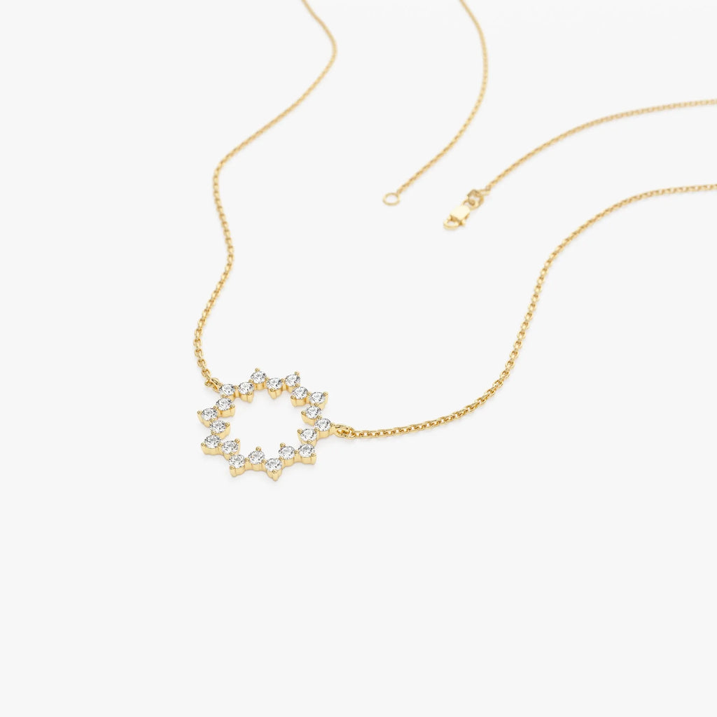 14K Solid Gold 0.40 CTW Round Diamond Sun Circle Necklace Prong Setting