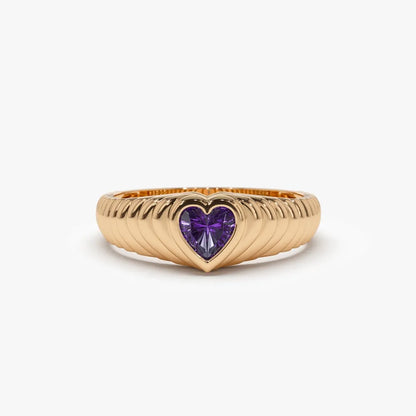 14K Solid Gold Heart Shape Amethyst 0.40 Carat Dome Beveled Ring