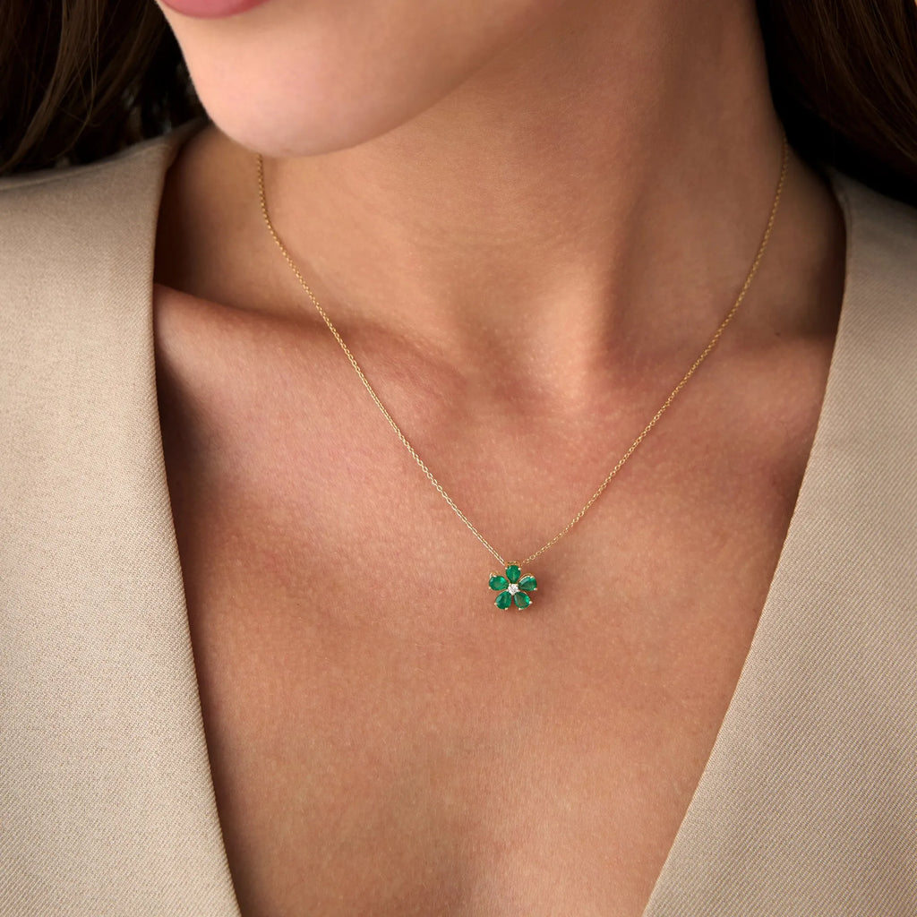 14k Solid Yellow Gold Pear Shape Emerald 0.65 CTW and Round Diamond 0.03 CTW Floral Flower Pendant Necklace
