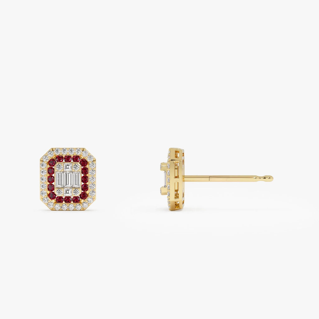 14k Gold Ruby and Diamond Baguette and Round Cut Halo Stud Earrings 0.80 ctw