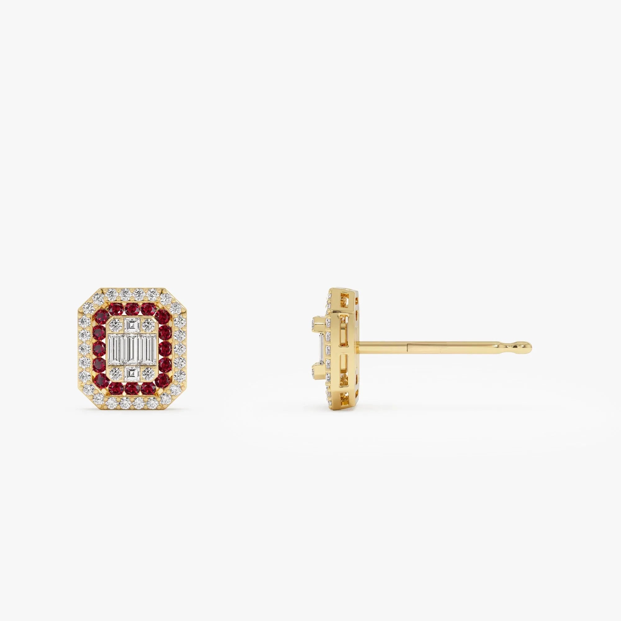 14k Gold Ruby and Diamond Baguette and Round Cut Halo Stud Earrings 0.80 ctw