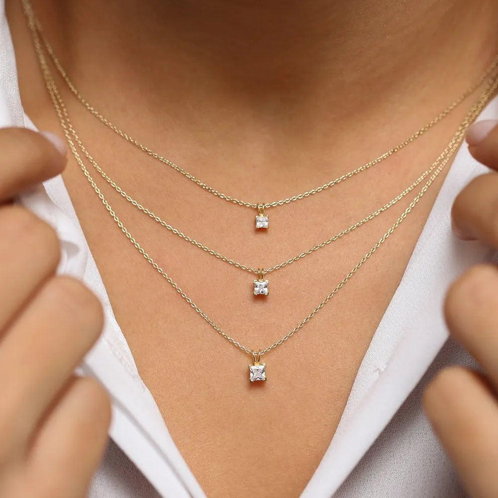 14K Solid Gold Princess Cut Diamond Solitaire Pendant Necklace Square Prong Setting 0.25ctw