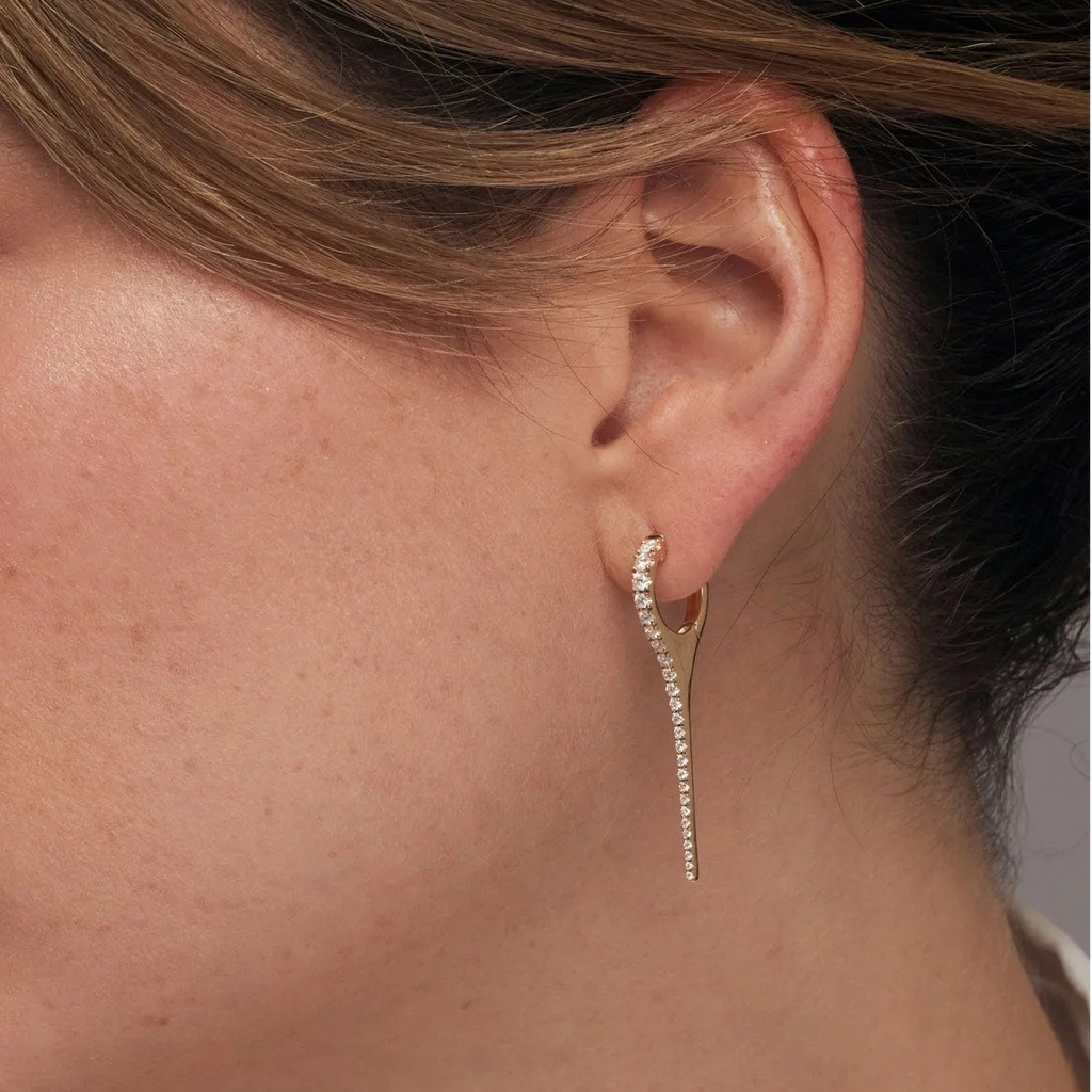14k Gold Diamond Round Cut Medium Dagger Drop Hoop Earrings 0.79 ctw