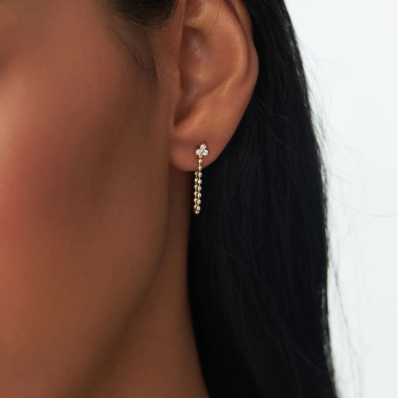 14k Gold Diamond Round Cut Trio Beaded Dangling Earrings 0.11 ctw