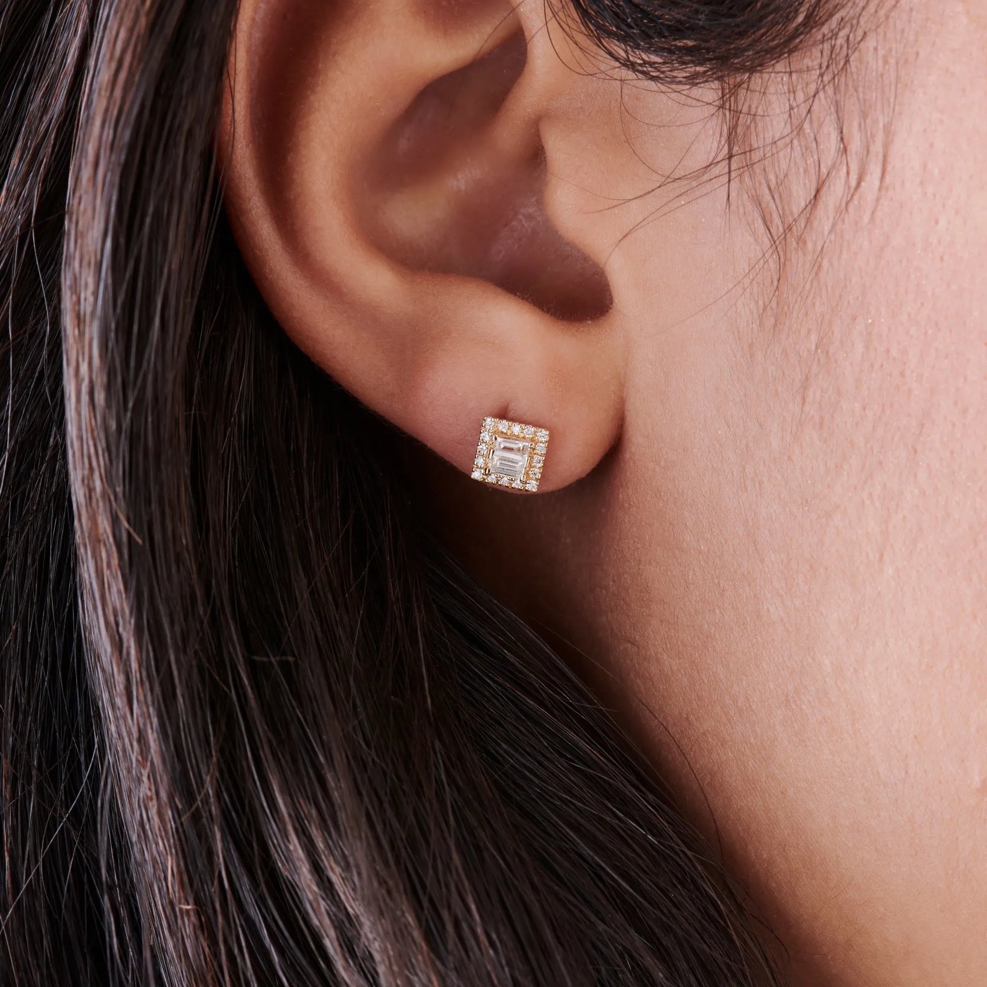 14k Gold Diamond Baguette and Round Cut Halo Setting Stud Earrings 0.25 ctw