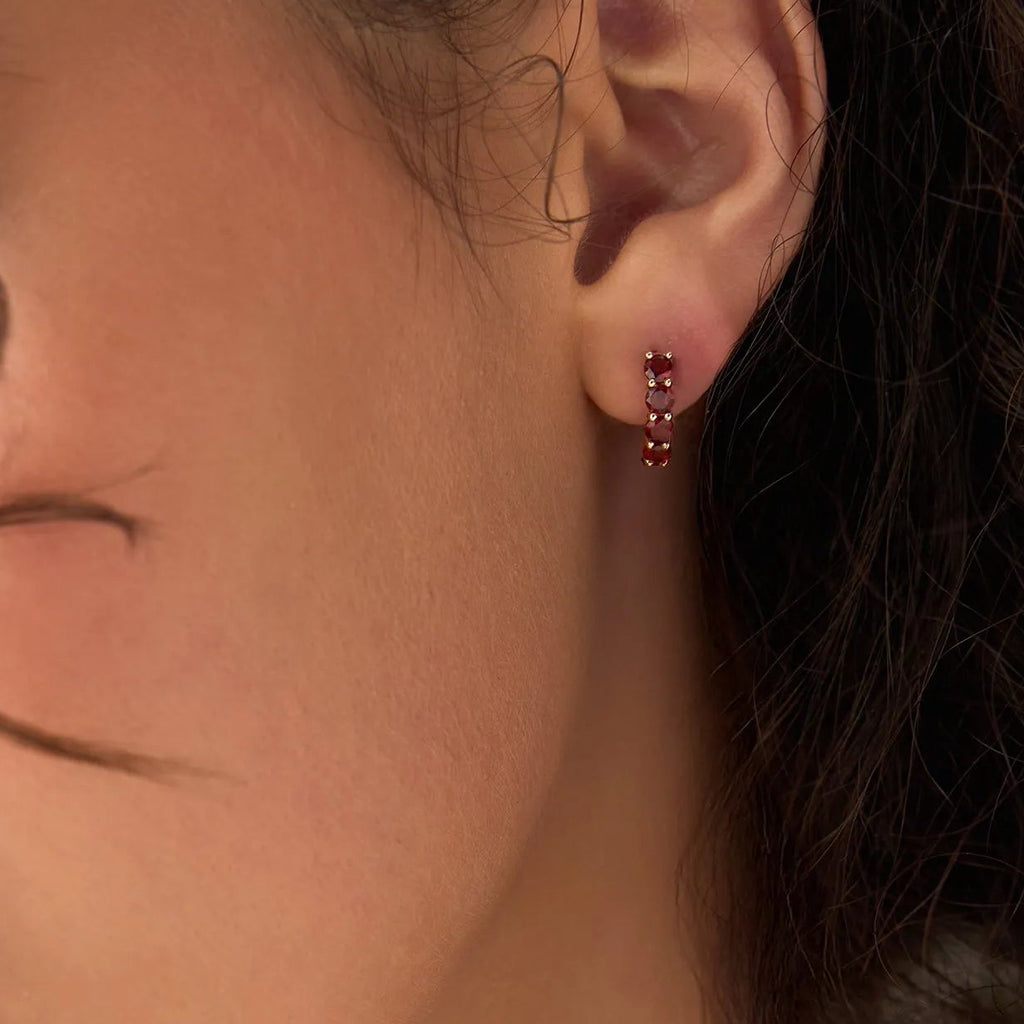 14K Solid Gold Round Garnet Prong Set Half Hoop Earrings 1.40ctw