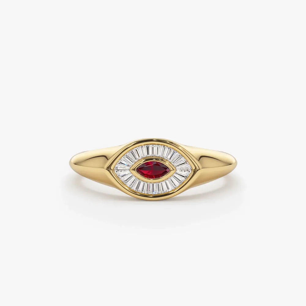 14k Gold Ruby and Diamond Marquise and Baguette Cut Ring 0.39 ctw