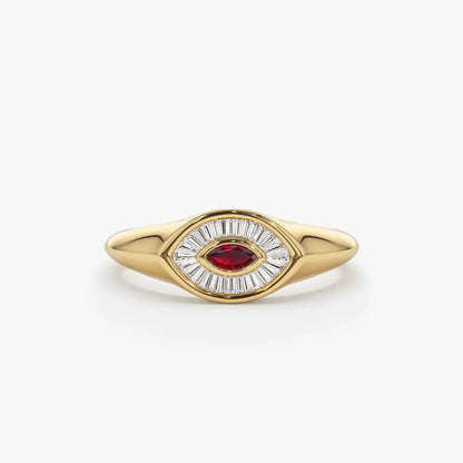 14k Gold Ruby and Diamond Marquise and Baguette Cut Ring 0.39 ctw