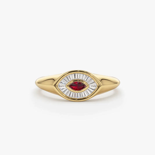 14k Gold Ruby and Diamond Marquise and Baguette Cut Ring 0.39 ctw