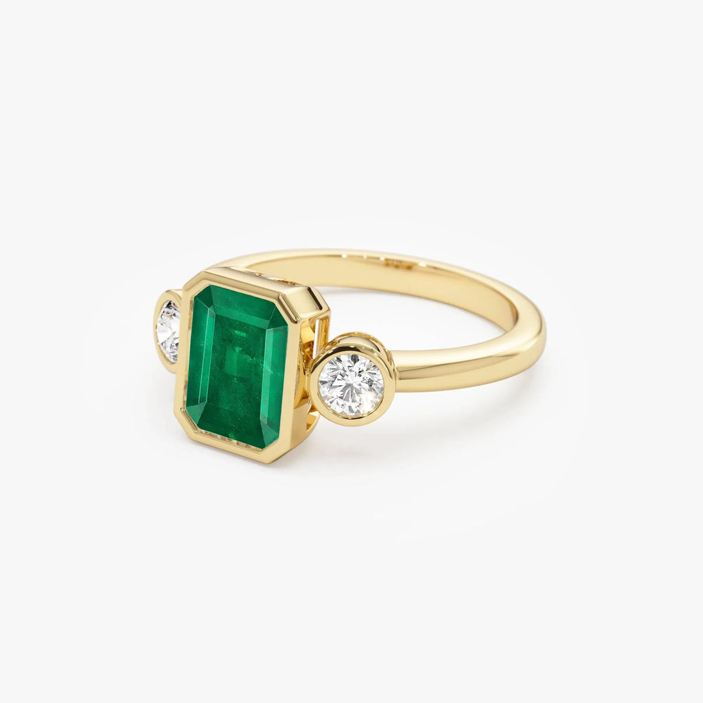 14K Solid Gold Emerald Cut Emerald Round Diamond Three Stone Bezel Set Ring 1.89 CTW