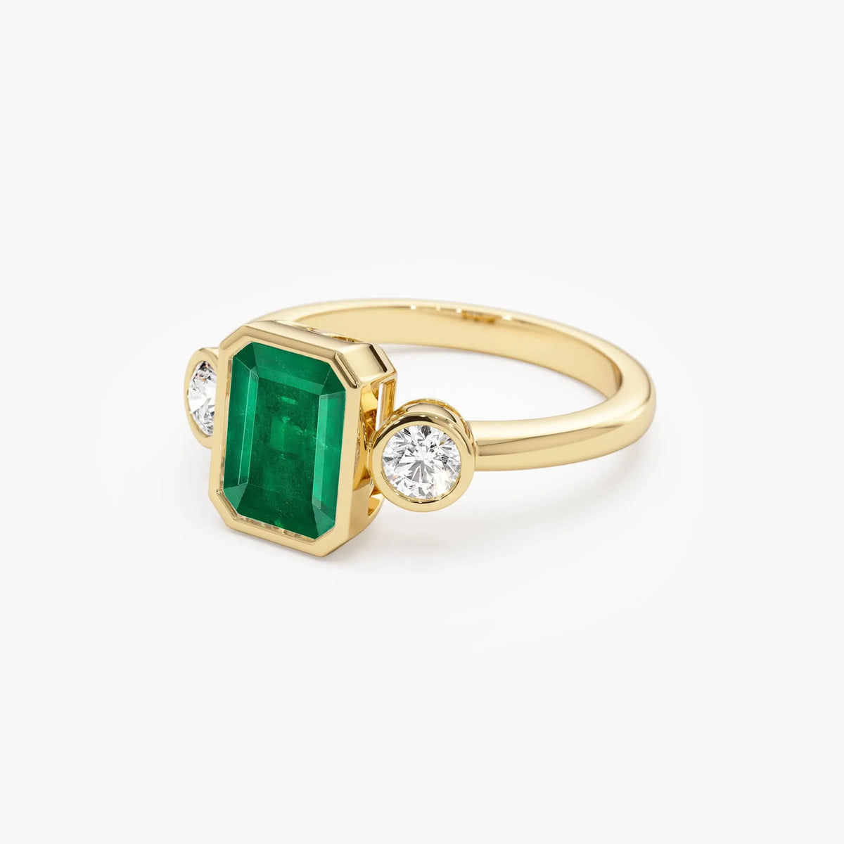 14K Solid Gold Emerald Cut Emerald Round Diamond Three Stone Bezel Set Ring 1.89 CTW