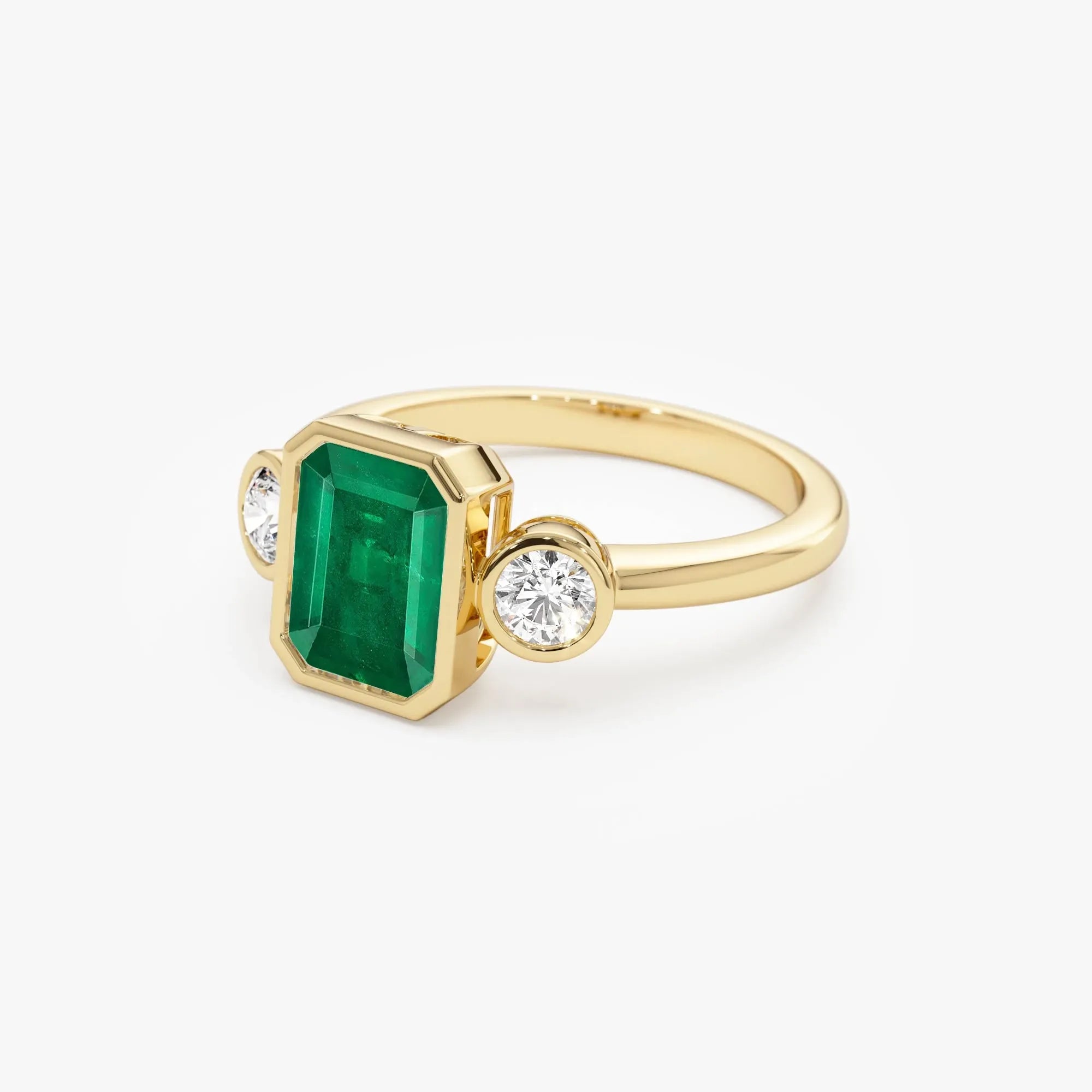 14K Solid Gold Emerald Cut Emerald Round Diamond Three Stone Bezel Set Ring 1.89 CTW