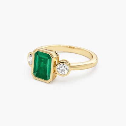 14K Solid Gold Emerald Cut Emerald Round Diamond Three Stone Bezel Set Ring 1.89 CTW