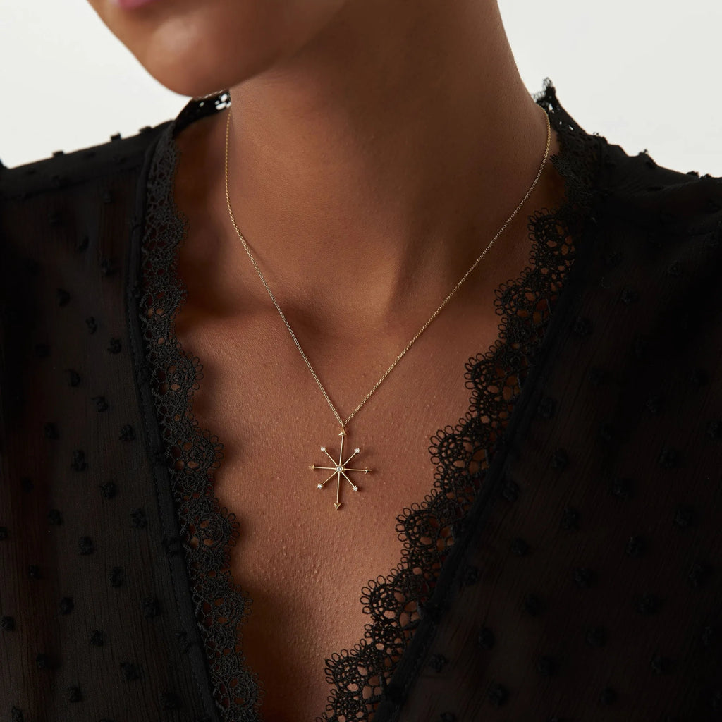 14K Solid Gold 0.11 CTW Round Diamond Compass Charm Necklace