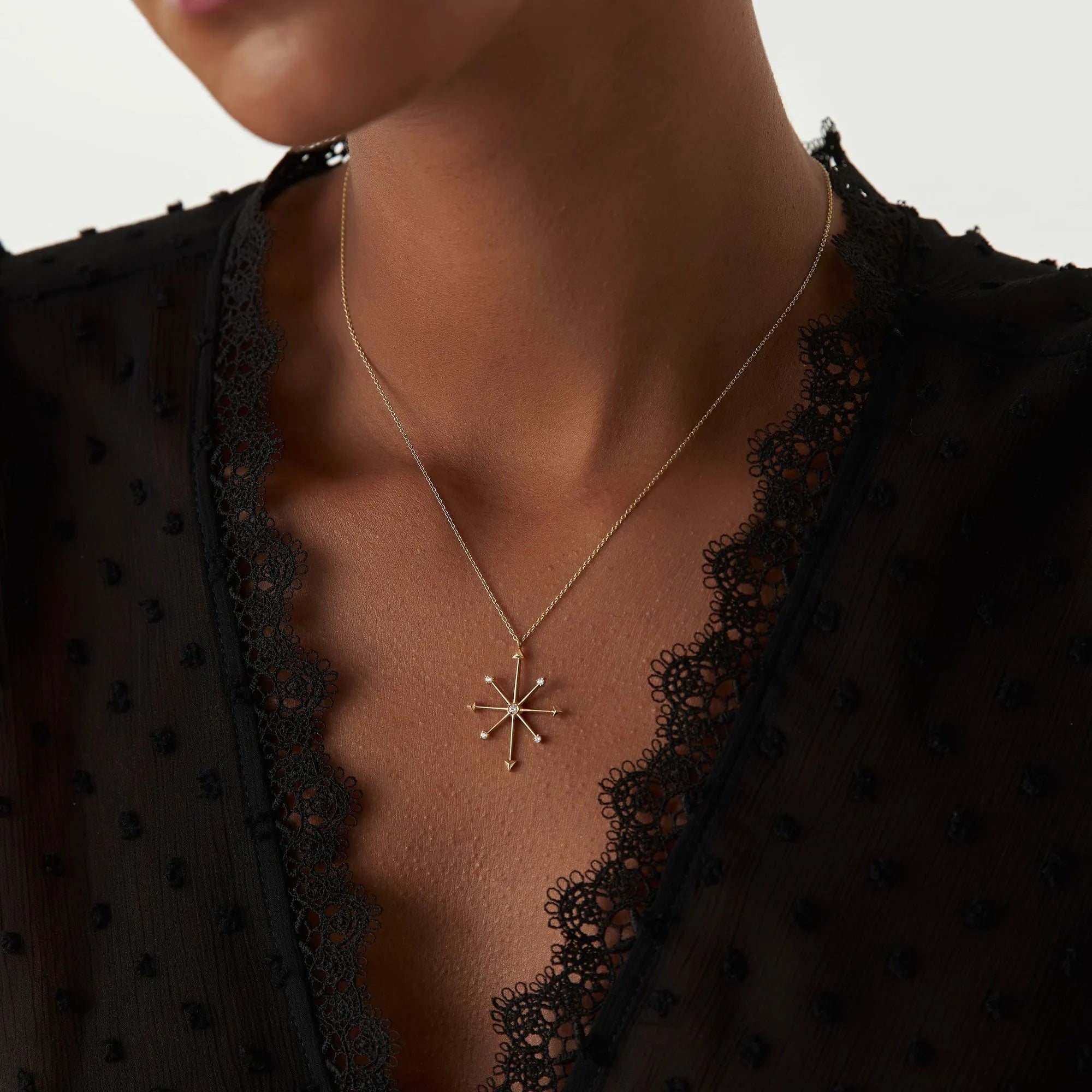 14K Solid Gold 0.11 CTW Round Diamond Compass Charm Necklace