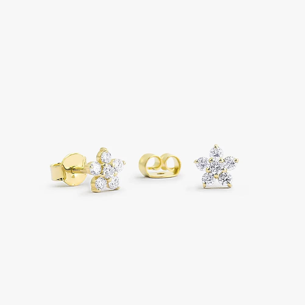 14k Gold Diamond Round Cut Flower Stud Earrings Prong Setting 0.37 ctw