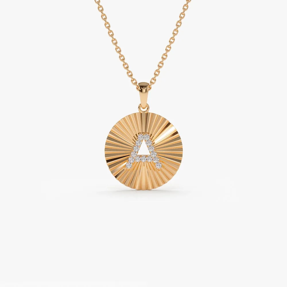 14K Solid Gold Round Diamond Initial Disc Pendant Necklace 0.10ctw