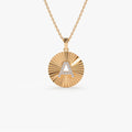 14K Solid Gold Round Diamond Initial Disc Pendant Necklace 0.10ctw