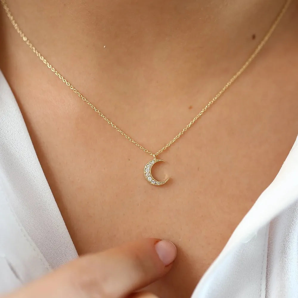 14K Solid Gold Round Diamond Micro Pave Mini Crescent Moon Necklace 0.12cttw