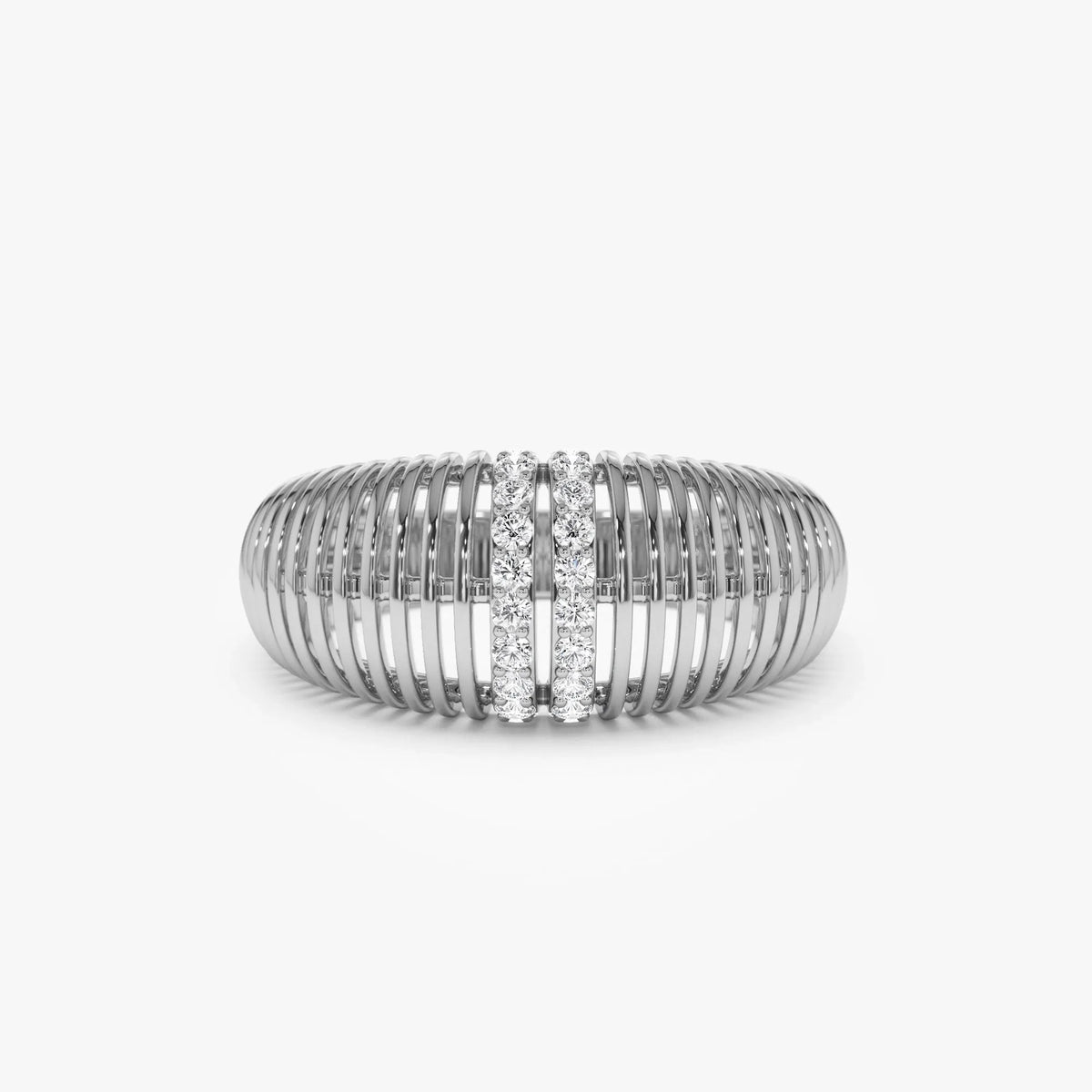 14k Solid Gold Round Diamond 0.18 Carat Ribbed Dome Statement Ring