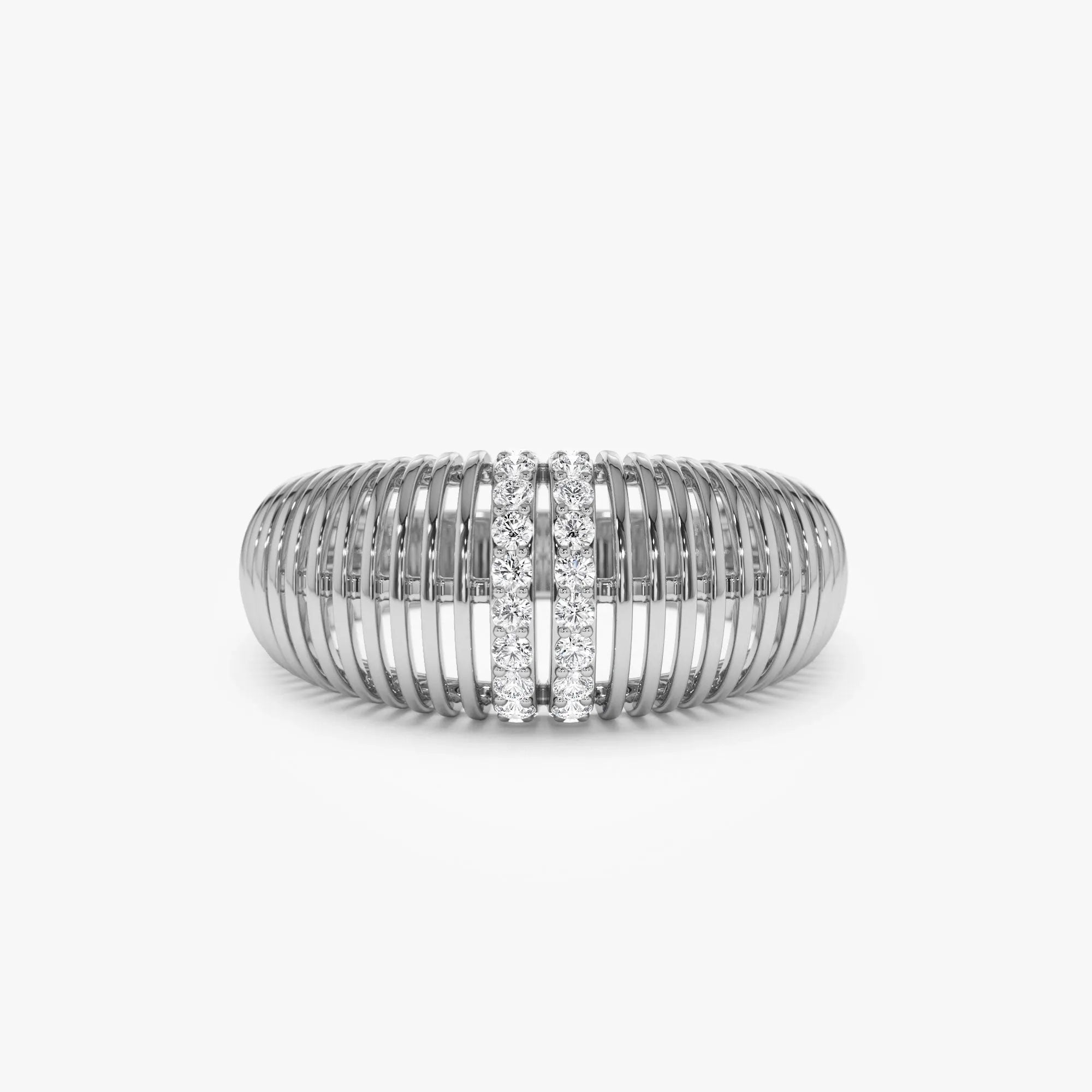 14k Solid Gold Round Diamond 0.18 Carat Ribbed Dome Statement Ring