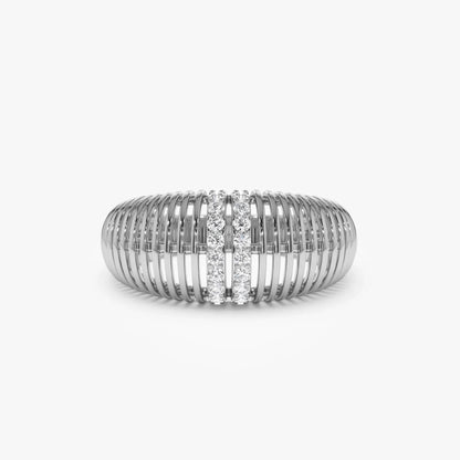 14k Solid Gold Round Diamond 0.18 Carat Ribbed Dome Statement Ring